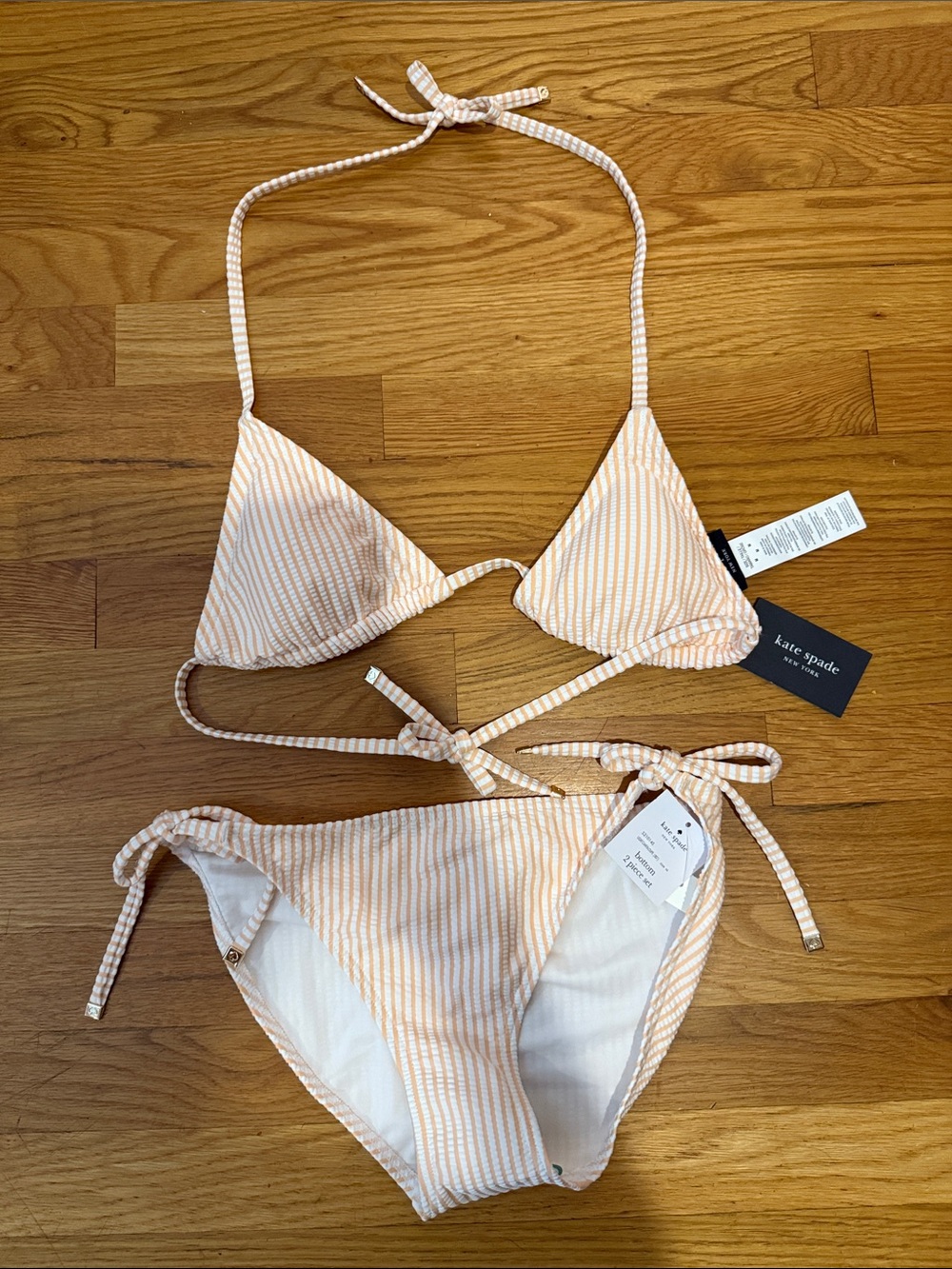 kate spade Peach and White Striped Tie Bikini set- medium with tags